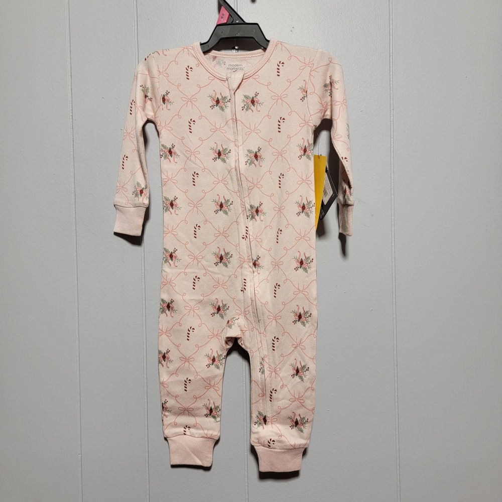 Modern Moments by Gerber Baby Girl Pink Holiday Candy Cane Zip Sleeper 18M NEW